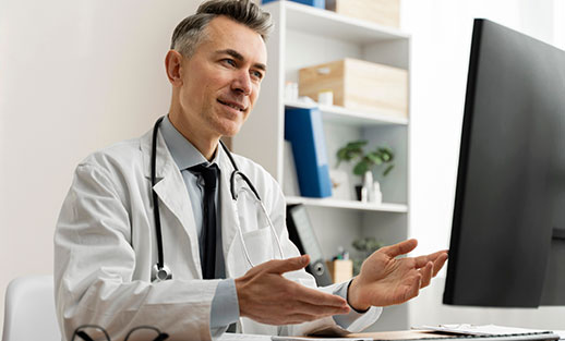 Pharmacist reviewing prescription on laptop for personalized treatments