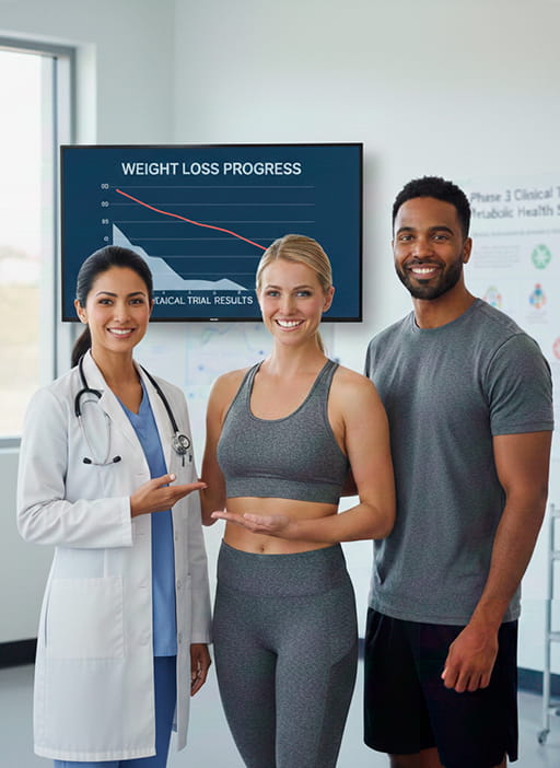 Doctor guiding a woman and a man through a weight loss program supported by clinical trial evidence. at Rumini