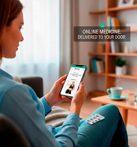 Woman using mobile app for online medical treatments with home delivery service.