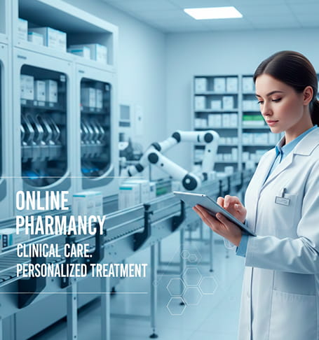 Pharmacist using tablet in automated online pharmacy lab preparing personalized treatments.