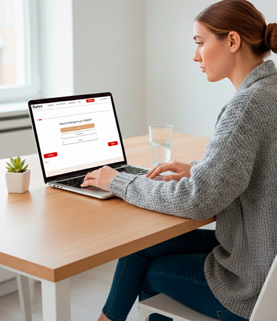 Woman completing a secure online medical intake form on a laptop for her assessment. at Rumini.