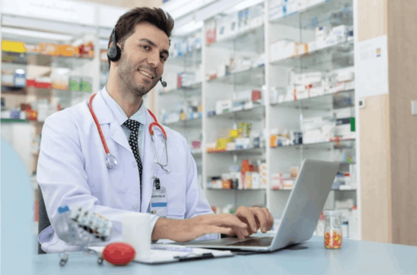 Pharmacist reviewing prescription on laptop for personalized treatments